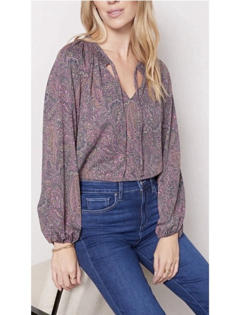 Evereve Kyra Paisley Smocked Tie Neck Blouse